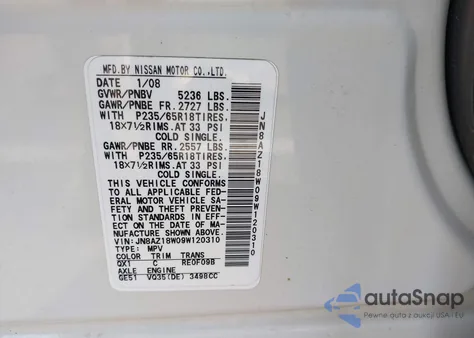 2009 Nissan Murano Sl из США, поврежденный, VIN JN8AZ18W09W120310